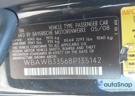2008 BMW 328 from USA, damaged, VIN WBAWB33568P135142